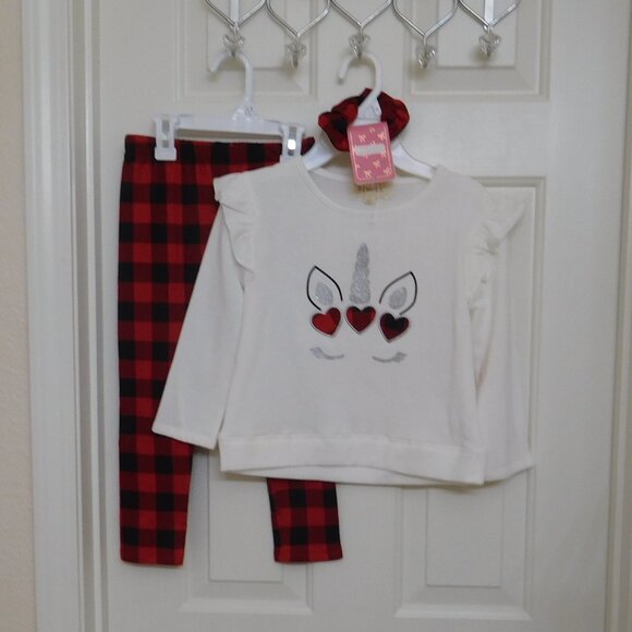 NWT 2pc Btween Unicorn Sweatshirt Red Black Check Leggings Set sz 5 - Picture 1 of 1